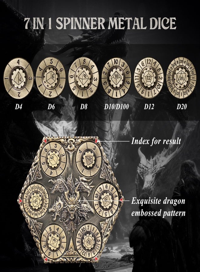 Kabinka DND Dice Set, 7 in 1 Metal Spin-Dial Dice with Storage Bag, Portable Celtic Knot D&D Dice for D4/D6/D8/D10/D12/D20 Role Playing Board Games (Bronze) - Image 2